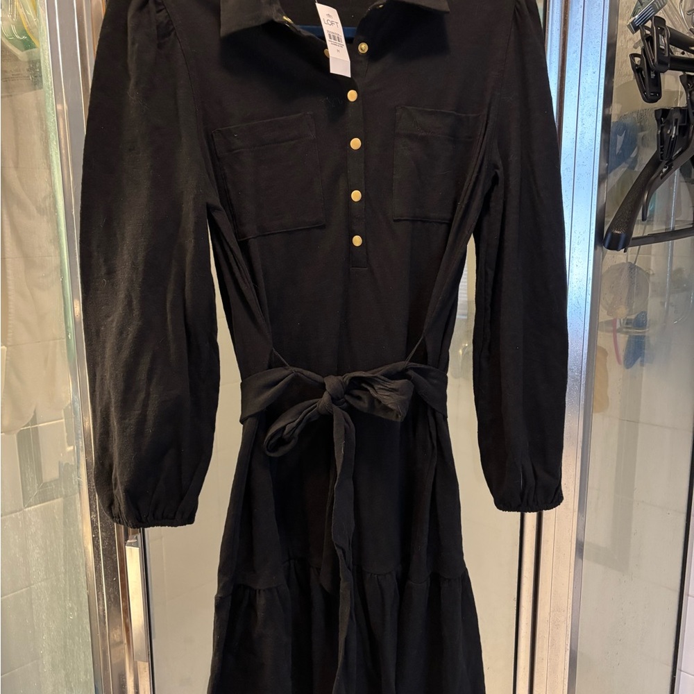 LOFT Black Long Sleeve Dress with Tie Waist